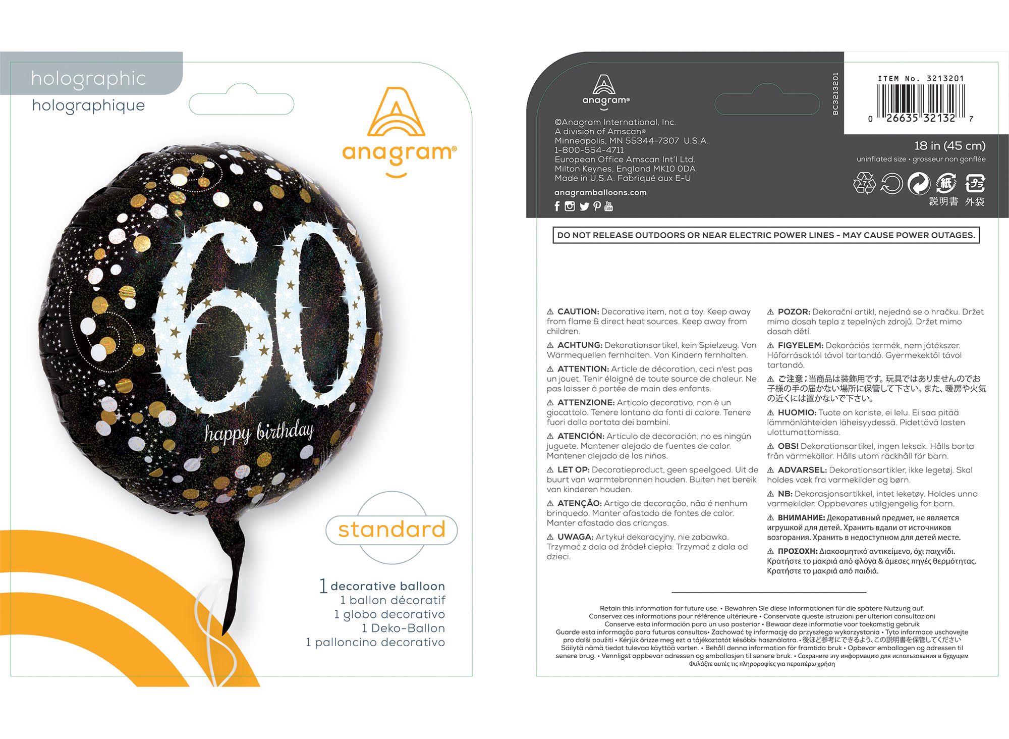 Sparkling Celebration "60 Happy Birthday" Round Satin Foil Balloon, Black/Gold, 18-in, Helium Inflation & Ribbon Included for Birthday Party Composite_or_Mixed