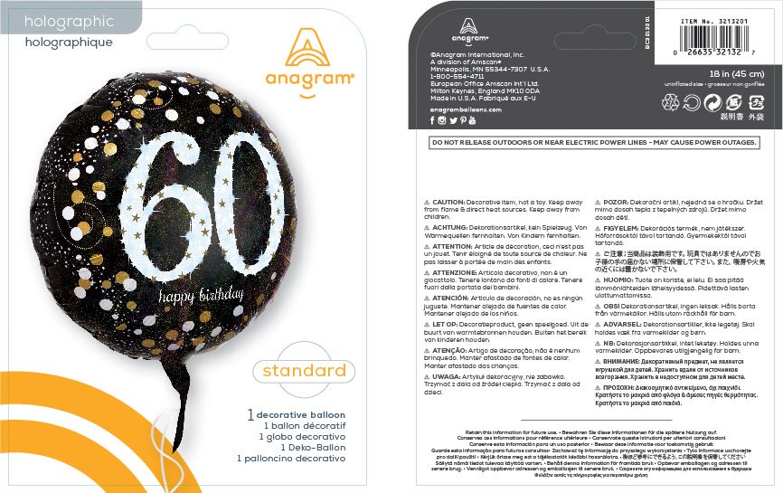 Sparkling Celebration "60 Happy Birthday" Round Satin Foil Balloon, Black/Gold, 18-in, Helium Inflation & Ribbon Included for Birthday Party Composite_or_Mixed
