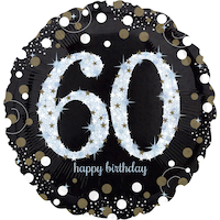Sparkling Celebration "60 Happy Birthday" Round Satin Foil Balloon, Black/Gold, 18-in, Helium Inflation & Ribbon Included for Birthday Party