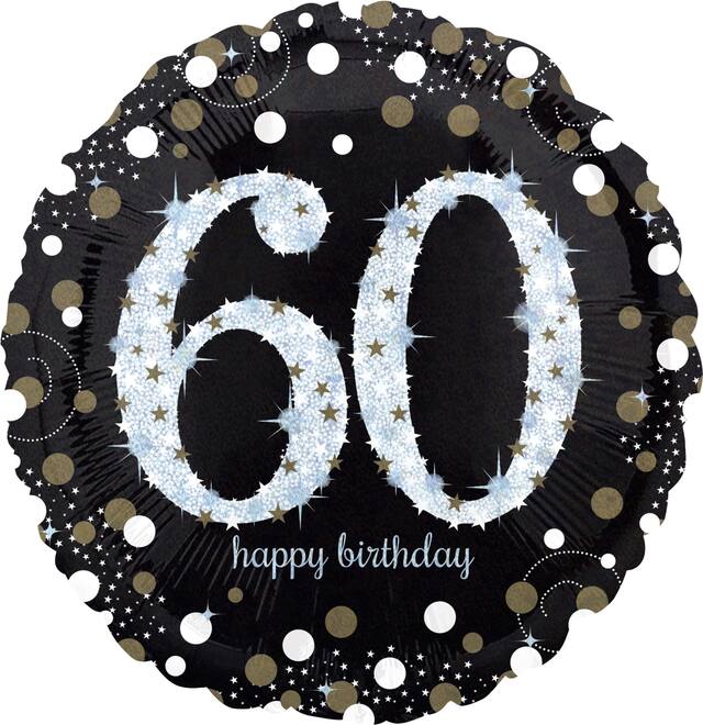 Sparkling Celebration "60 Happy Birthday" Round Satin Foil Balloon, Black/Gold, 18-in, Helium Inflation & Ribbon Included for Birthday Party Front_Flat