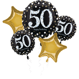 Anagram Int'l Inc. Sparkling Celebration "Happy 50th Birthday" Star Satin Foil Balloon Bouquet, Black/Gold, 5-pk, Helium Inflation & Ribbon Included for Birthday Party Front_Flat