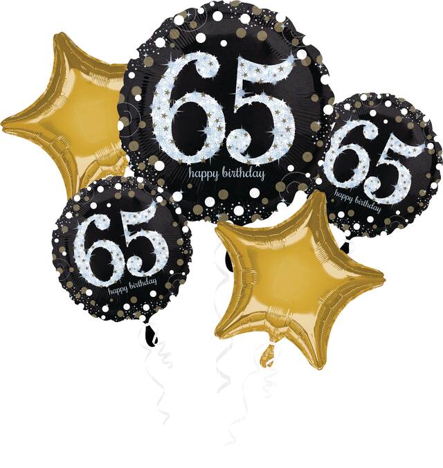 Sparkling Celebration "Happy 65th Birthday" Star  Satin Foil Balloon Bouquet, Black/Gold, 5-pk, Helium Inflation & Ribbon Included for Birthday Party Front_Flat
