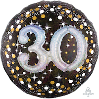 Ballon en aluminium satiné rond 3D célébration étincelante 30 Happy Birthday, noir/or, 32 po, gonflement à l'hélium et ruban inclus, pour fête d'anniversaire Front_Flat