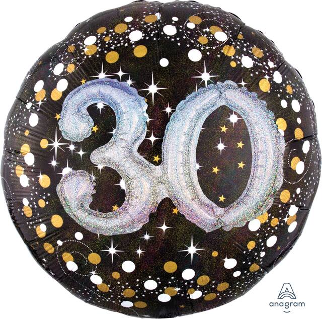 Sparkling Celebration "30" 3D Round Satin Foil Balloon, Black/Gold, Polka Dot, 32-in, Helium Inflation & Ribbon Included for Birthday Party Front_Flat
