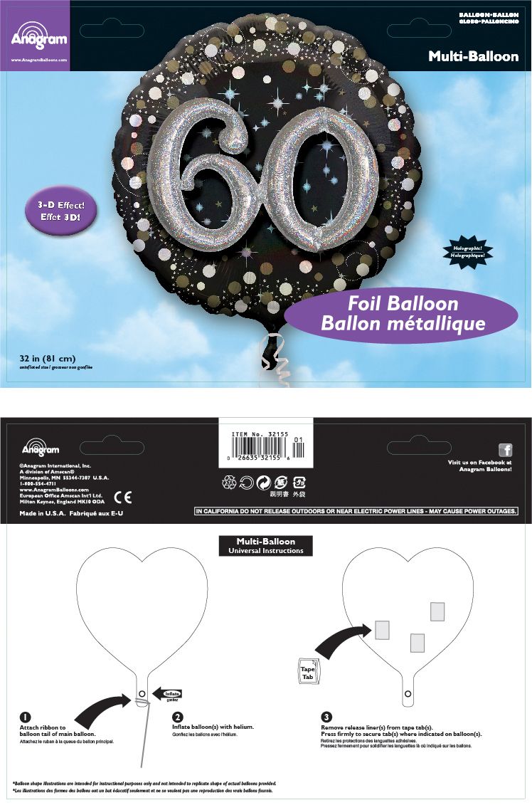Ballon en aluminium satiné rond 3D célébration étincelante 60, noir/or, à pois, 32 po, gonflement à l'hélium et ruban inclus, pour fête d'anniversaire Composite_or_Mixed