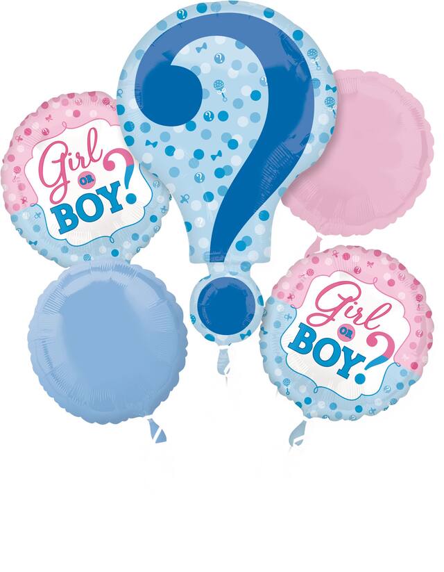 "Girl or Boy?" Question Mark/Round  Satin Foil Balloon Bouquet, Pink/Blue, 5-pk, Helium Inflation & Ribbon Included for Gender Reveal Front_Flat