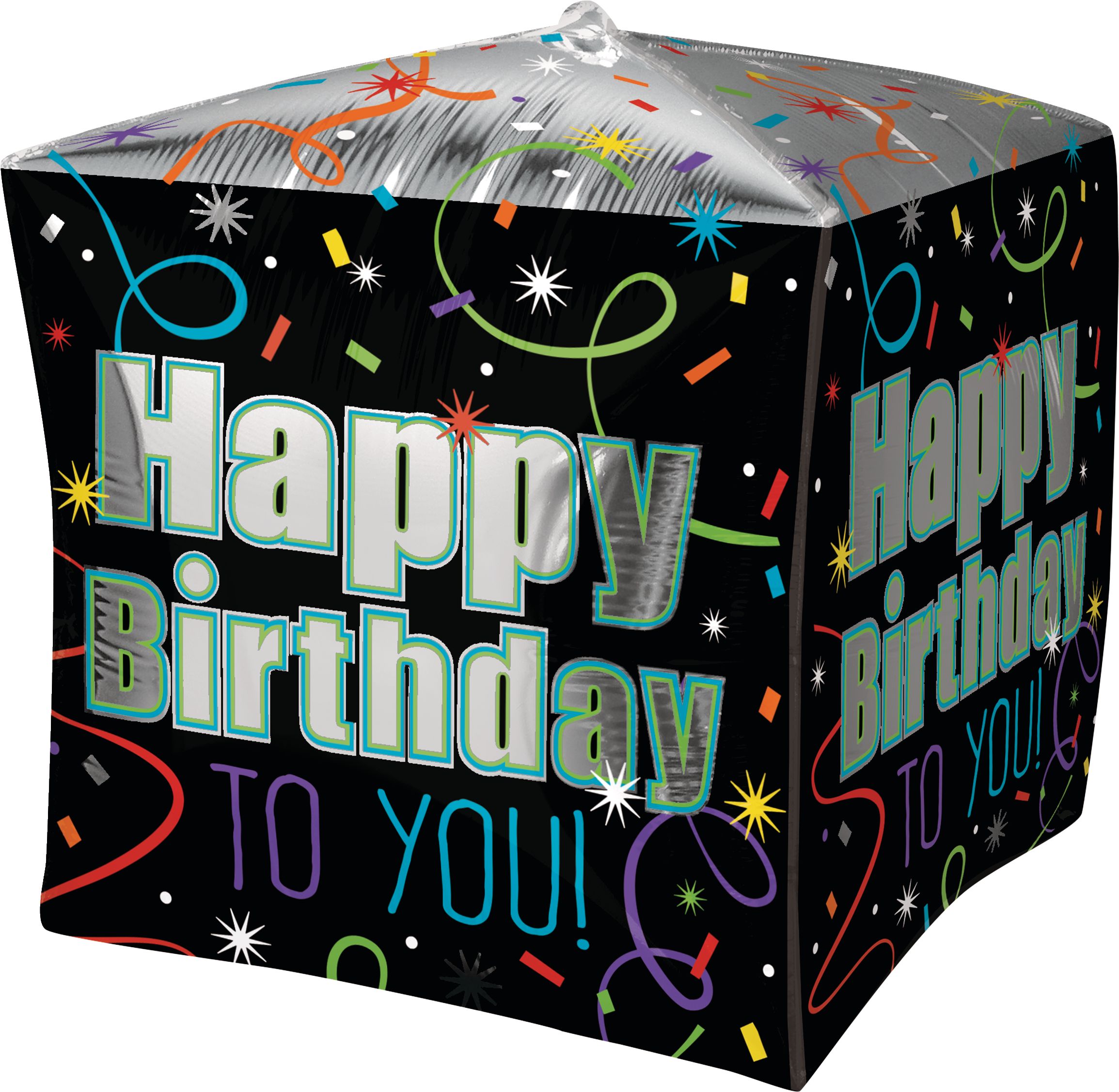 "Happy Birthday" Cubez Satin Foil Balloon, Black/Silver, Confetti, 15-in, Helium Inflation & Ribbon Included for Birthday Party Front_Angled_Left