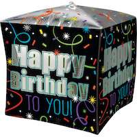 Ballon en aluminium satiné Cubez Happy Birthday, noir/argent, confettis, 15 po, gonflement à l'hélium et ruban inclus, pour fête d'anniversaire Front_Angled_Left