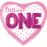 Ballon en aluminium satiné coeur 3D Fun To Be One, rose/blanc, à pois, 36 po, gonflement à l'hélium et ruban inclus, pour fête d'anniversaire Front_Flat