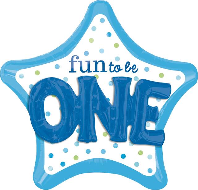 "Fun To Be One" 3D Star Satin Foil Balloon, Blue/White, Polka Dot, 36-in, Helium Inflation & Ribbon Included for Birthday Party Front_Flat
