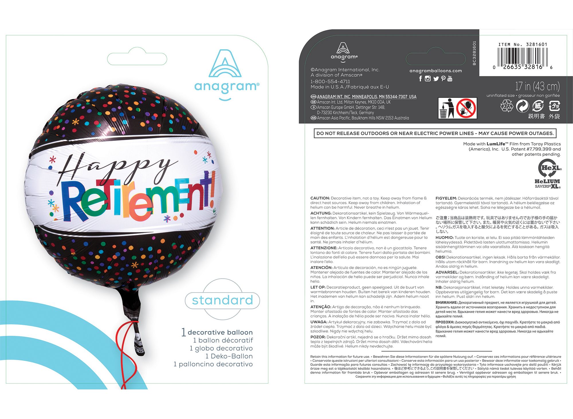 Ballon en aluminium satiné rond Happy Retirement, noir/multicolore, à pois, 17 po, gonflement à l'hélium et ruban inclus, pour retraite Composite_or_Mixed