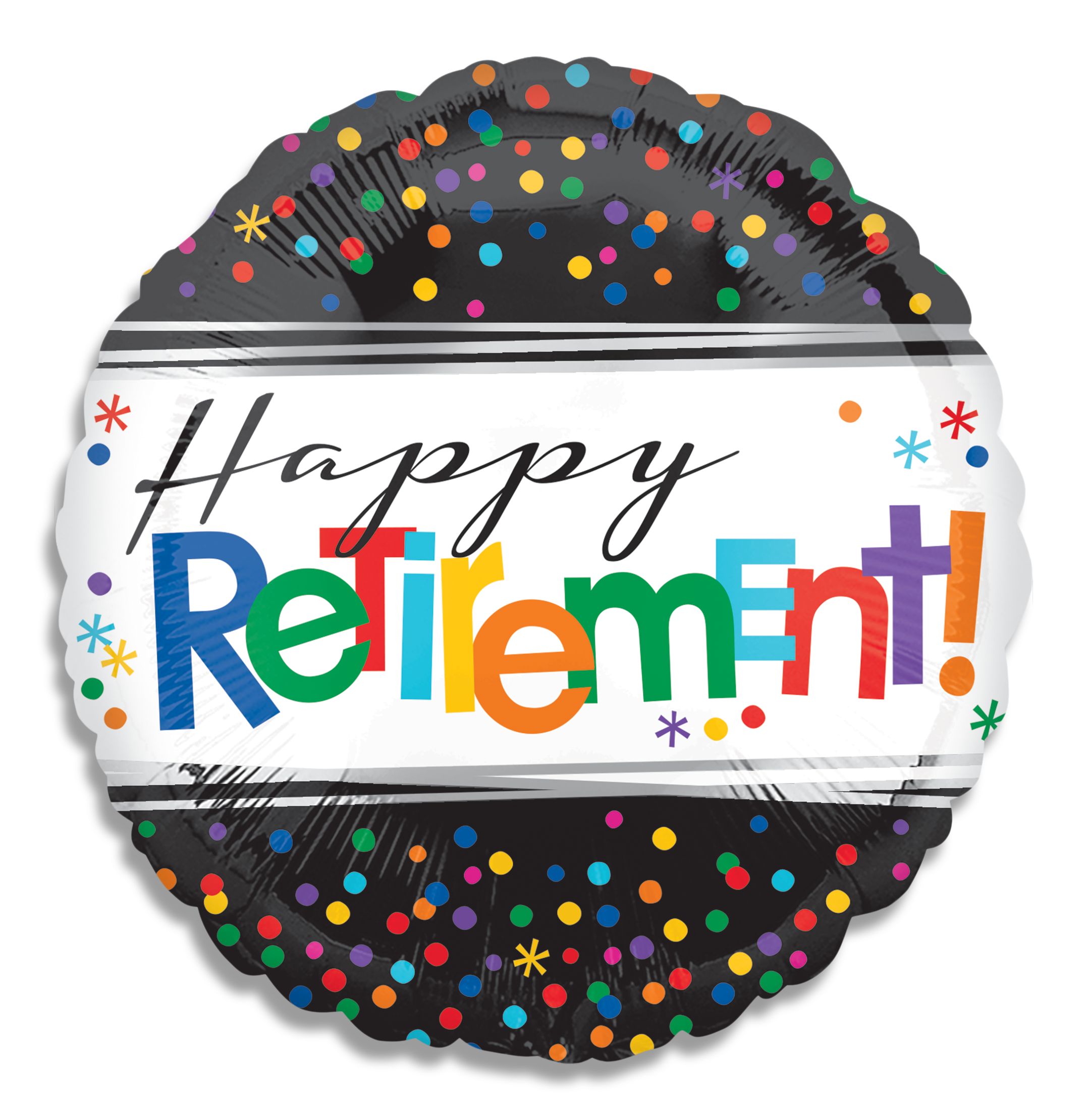 Ballon en aluminium satiné rond Happy Retirement, noir/multicolore, à pois, 17 po, gonflement à l'hélium et ruban inclus, pour retraite Front_Flat
