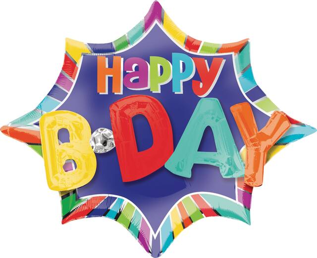Ballon en aluminium satiné étoile 3D Happy B-Day, multicolore, 35 po, gonflement à l'hélium et ruban inclus, pour fête d'anniversaire Front_Flat