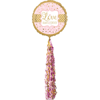 Ballon en aluminium satiné rond Love Always & Forever avec queue à franges, rose/or, 32 po, gonflement à l'hélium et ruban inclus, pour anniversaire/mariage Front_Flat