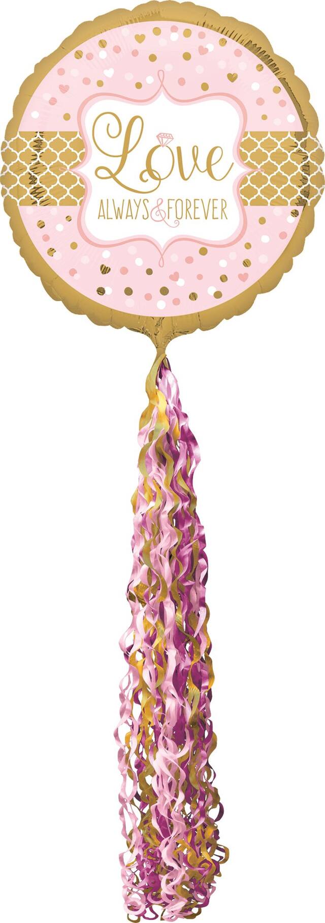 "Love Always & Forever" Round Satin Foil Balloon with Fringe Tail, Pink/Gold, 32-in, Helium Inflation & Ribbon Included for Anniversary/Wedding Front_Flat