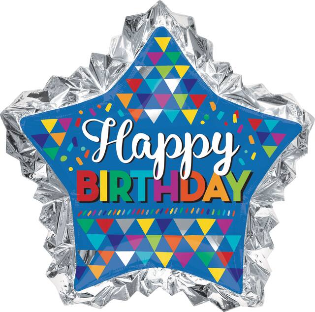 Ballon en aluminium satiné étoile Happy Birthday avec frange festonnée, bleu, 36 po, gonflement à l'hélium et ruban inclus, pour fête d'anniversaire Front_Flat