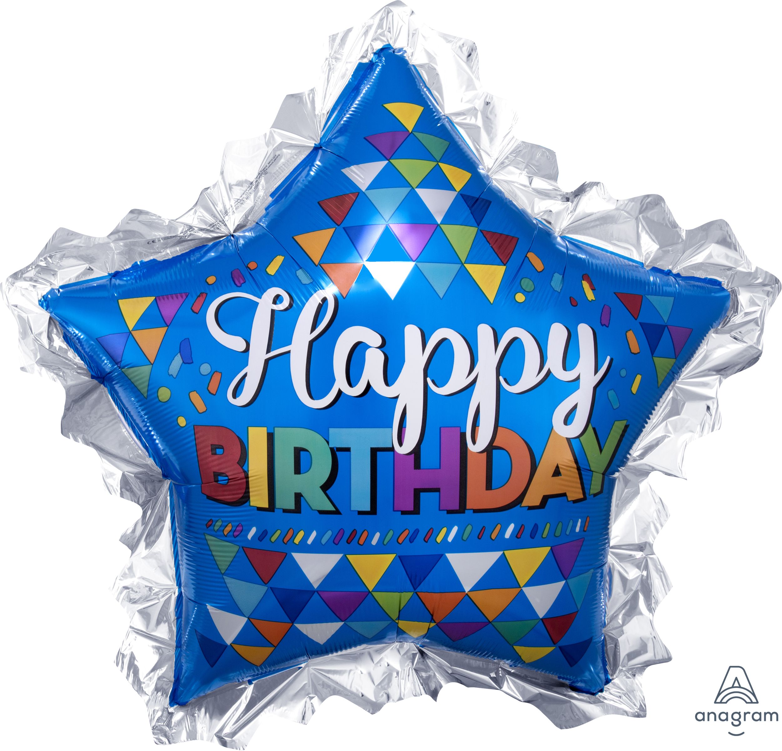 Ballon en aluminium satiné étoile Happy Birthday avec frange festonnée, bleu, 36 po, gonflement à l'hélium et ruban inclus, pour fête d'anniversaire Front_Flat