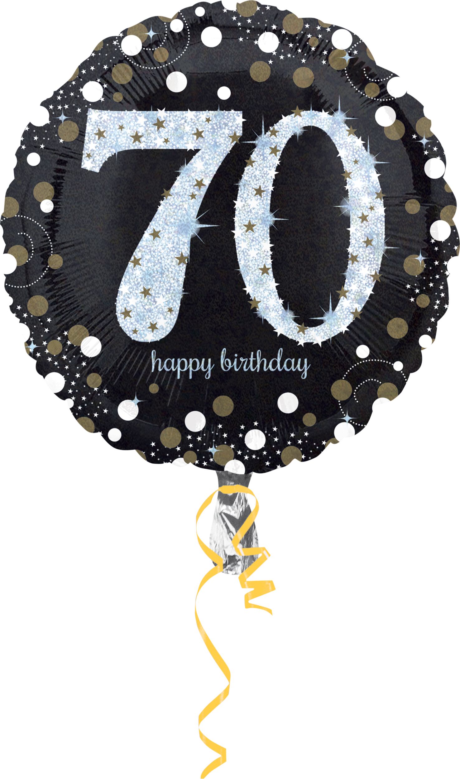Sparkling Celebration "70 Happy Birthday" Round Satin Foil Balloon, Black/Gold, 18-in, Helium Inflation & Ribbon Included for Birthday Party Front_Flat