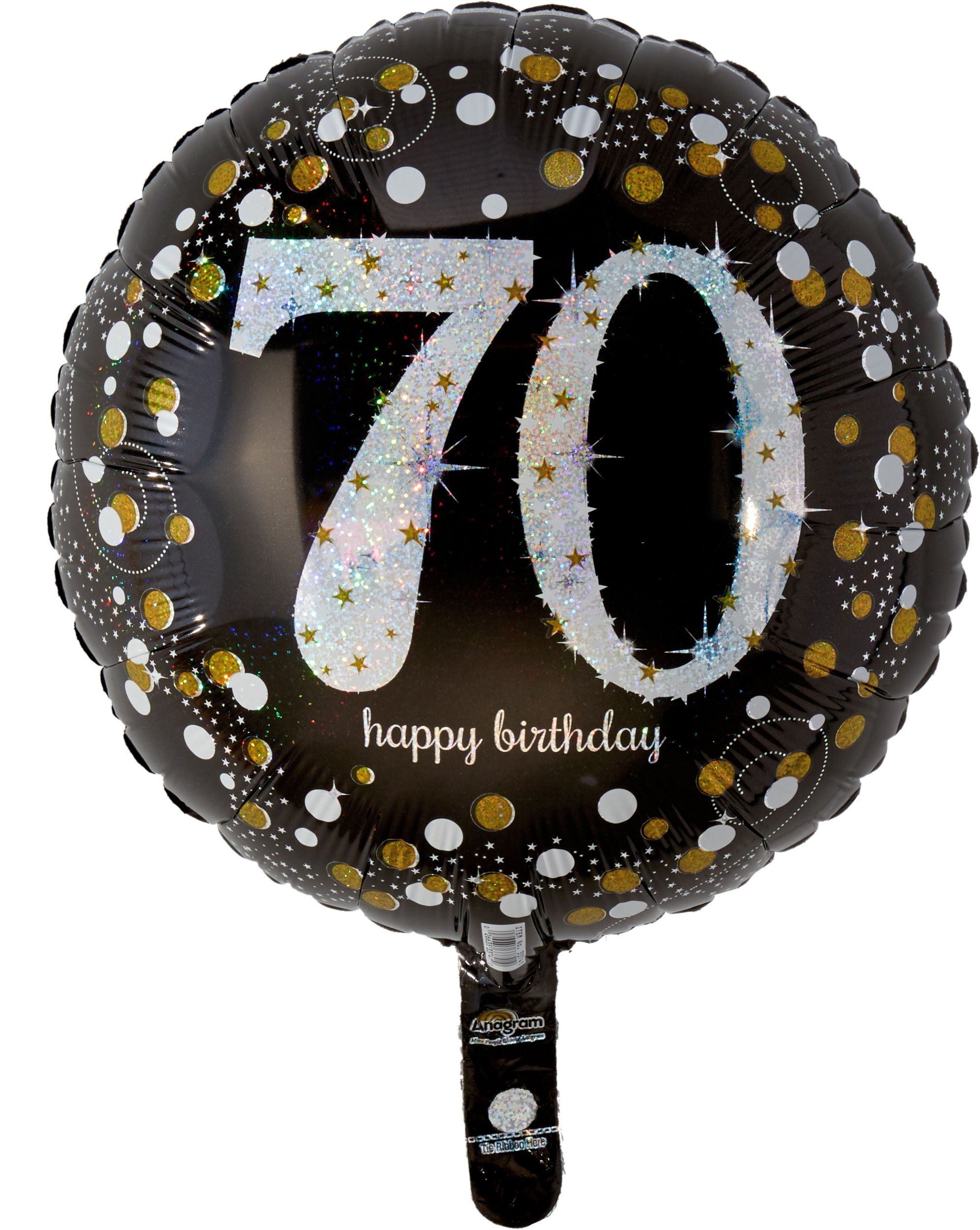 Sparkling Celebration "70 Happy Birthday" Round Satin Foil Balloon, Black/Gold, 18-in, Helium Inflation & Ribbon Included for Birthday Party Front_Flat