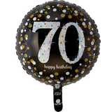 Sparkling Celebration "70 Happy Birthday" Round Satin Foil Balloon, Black/Gold, 18-in, Helium Inflation & Ribbon Included for Birthday Party Front_Flat