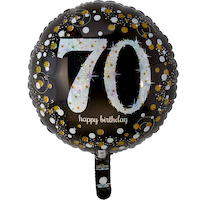 Sparkling Celebration "70 Happy Birthday" Round Satin Foil Balloon, Black/Gold, 18-in, Helium Inflation & Ribbon Included for Birthday Party