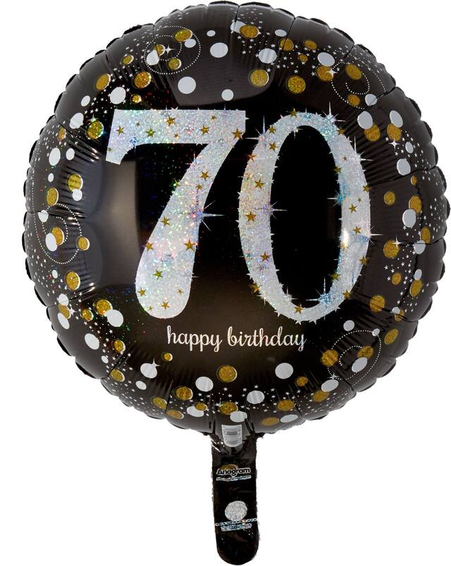 Sparkling Celebration "70 Happy Birthday" Round Satin Foil Balloon, Black/Gold, 18-in, Helium Inflation & Ribbon Included for Birthday Party Front_Flat