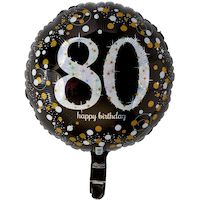 Sparkling Celebration "80 Happy Birthday" Round Satin Foil Balloon, Black/Gold, 18-in, Helium Inflation & Ribbon Included for Birthday Party