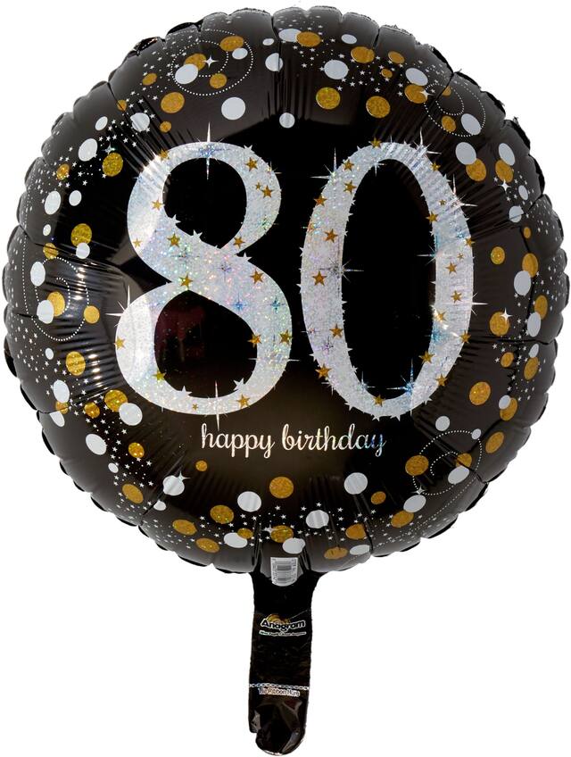 Sparkling Celebration "80 Happy Birthday" Round Satin Foil Balloon, Black/Gold, 18-in, Helium Inflation & Ribbon Included for Birthday Party Front_Flat