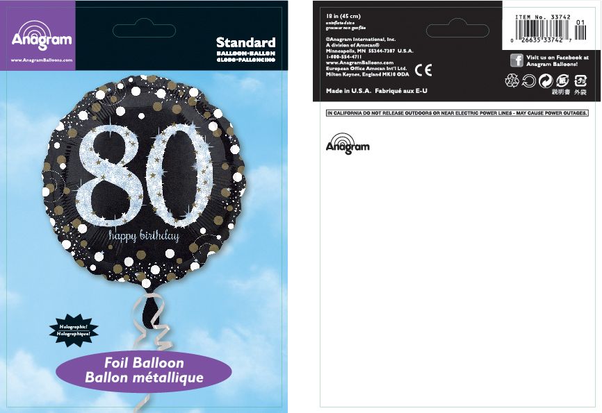 Ballon en aluminium satiné rond arc-célébration étincelante 80 Happy Birthday, noir/or, 18 po, gonflement à l'hélium et ruban inclus, pour fête d'anniversaire Composite_or_Mixed