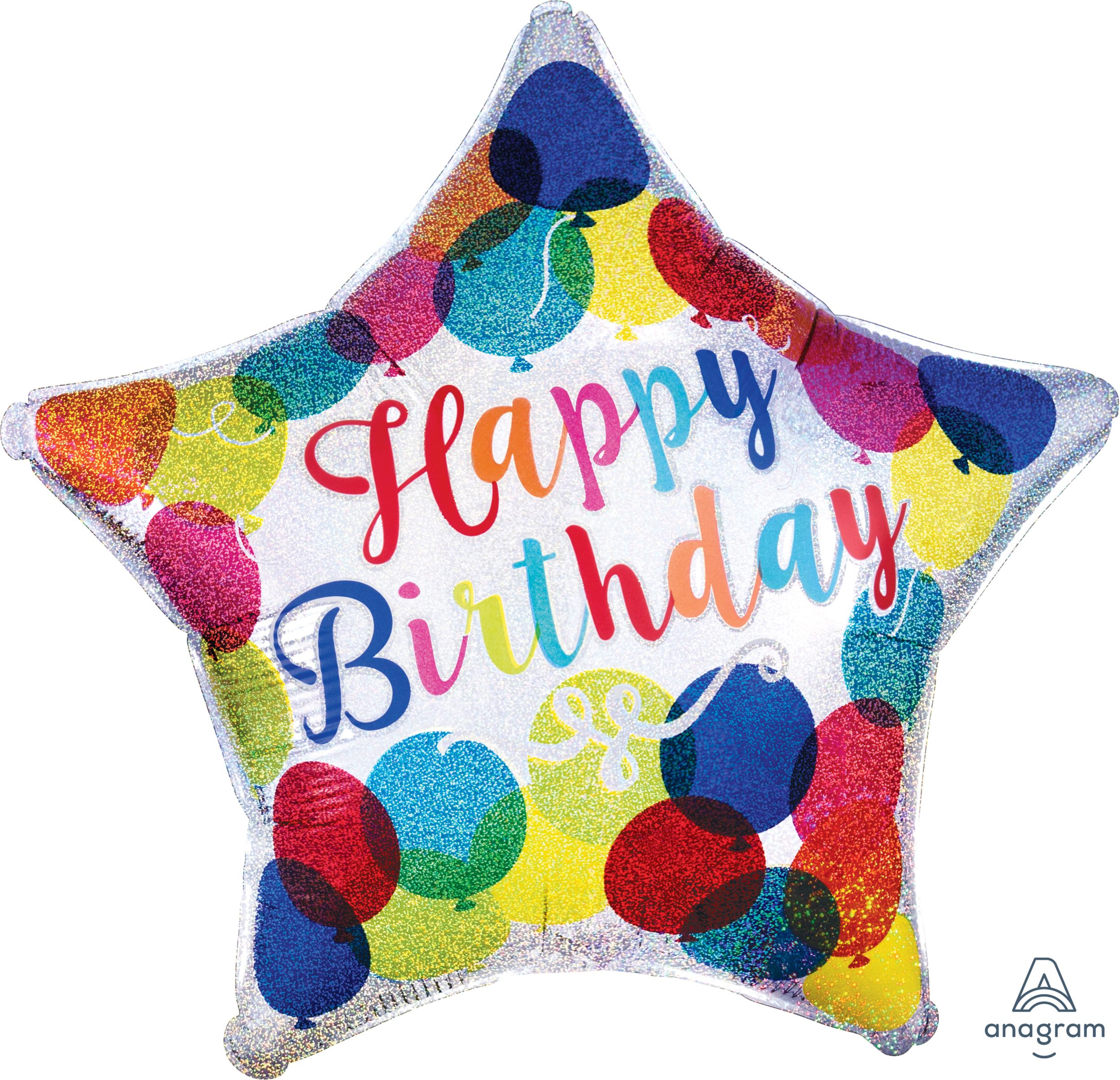 Ballon en aluminium satiné Happy Birthday, étoile, multicolore, 18 po, ruban et gonflage hélium compris, pour fête d'anniversaire Front_Flat