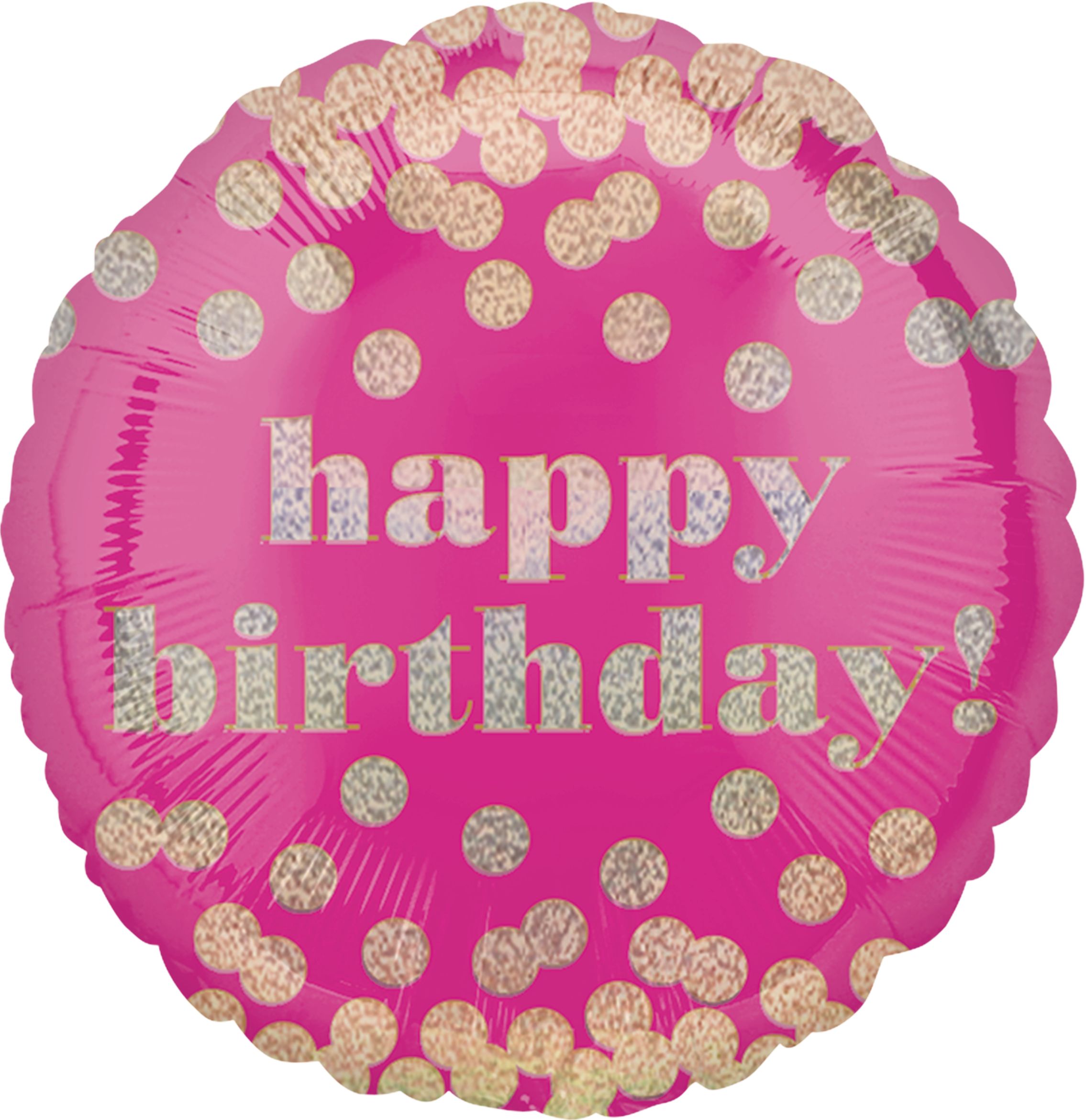 "Happy Birthday" Round Satin Foil Balloon, Pink/Gold, Polka Dot, 18-in, Helium Inflation & Ribbon Included for Birthday Party Front_Flat