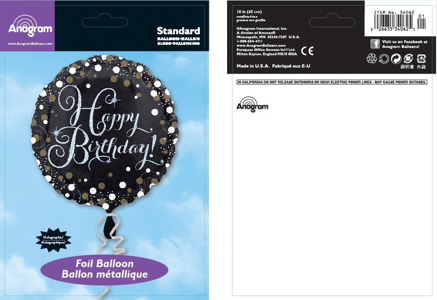 Sparkling Celebration "Happy Birthday" Round Satin Foil Balloon, Black/Gold, Polka Dot, 18-in, Helium Inflation & Ribbon Included for Birthday Party Composite_or_Mixed