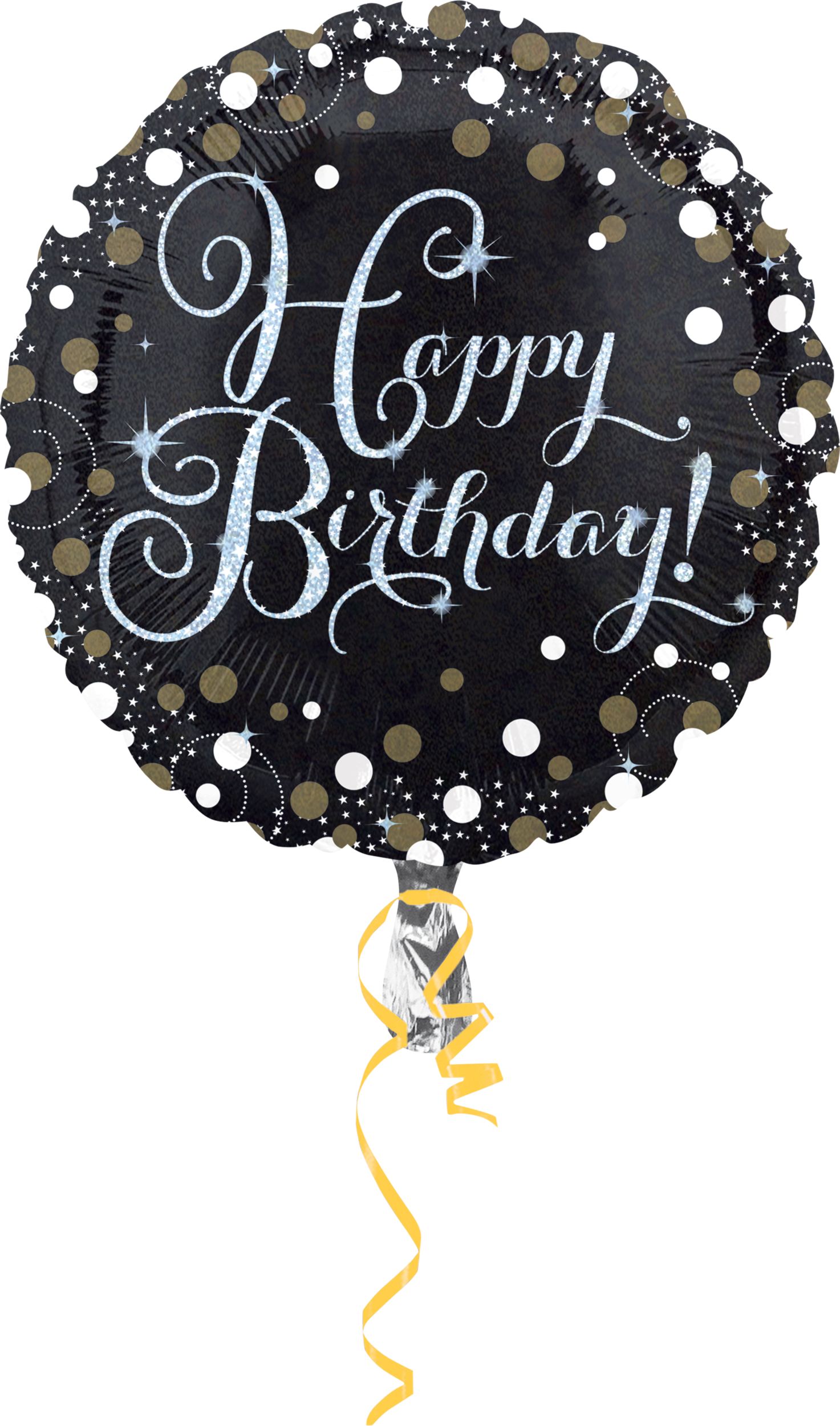 Sparkling Celebration "Happy Birthday" Round Satin Foil Balloon, Black/Gold, Polka Dot, 18-in, Helium Inflation & Ribbon Included for Birthday Party Front_Flat