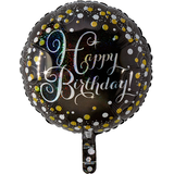 Ballon en aluminium satiné rond célébration étincelante Happy Birthday, noir/or, à pois, 18 po, gonflement à l'hélium et ruban inclus, pour fête d'anniversaire Front_Flat