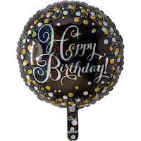 Sparkling Celebration "Happy Birthday" Round Satin Foil Balloon, Black/Gold, Polka Dot, 18-in, Helium Inflation & Ribbon Included for Birthday Party