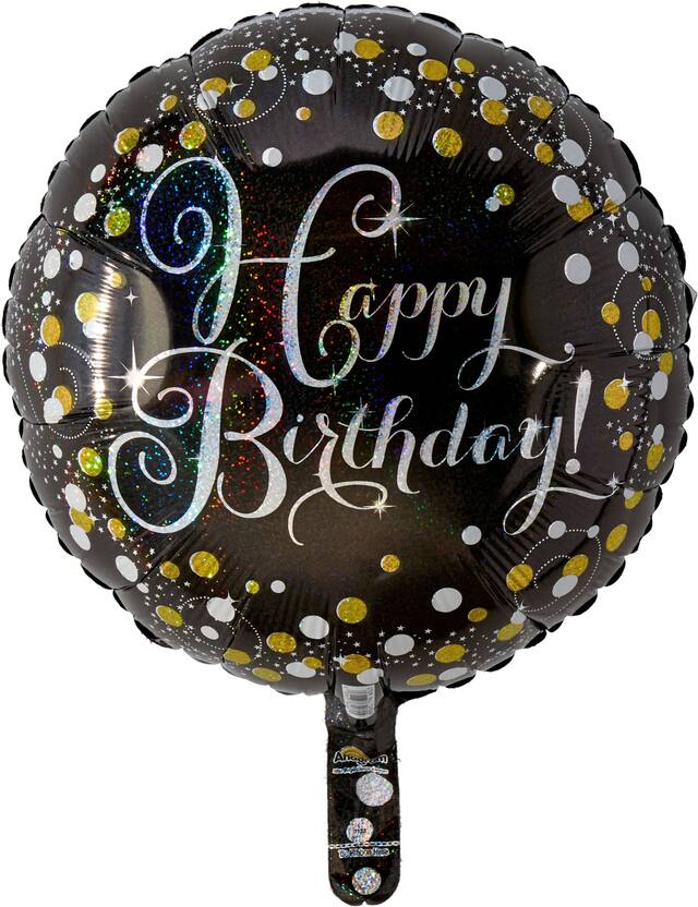 Sparkling Celebration "Happy Birthday" Round Satin Foil Balloon, Black/Gold, Polka Dot, 18-in, Helium Inflation & Ribbon Included for Birthday Party Front_Flat