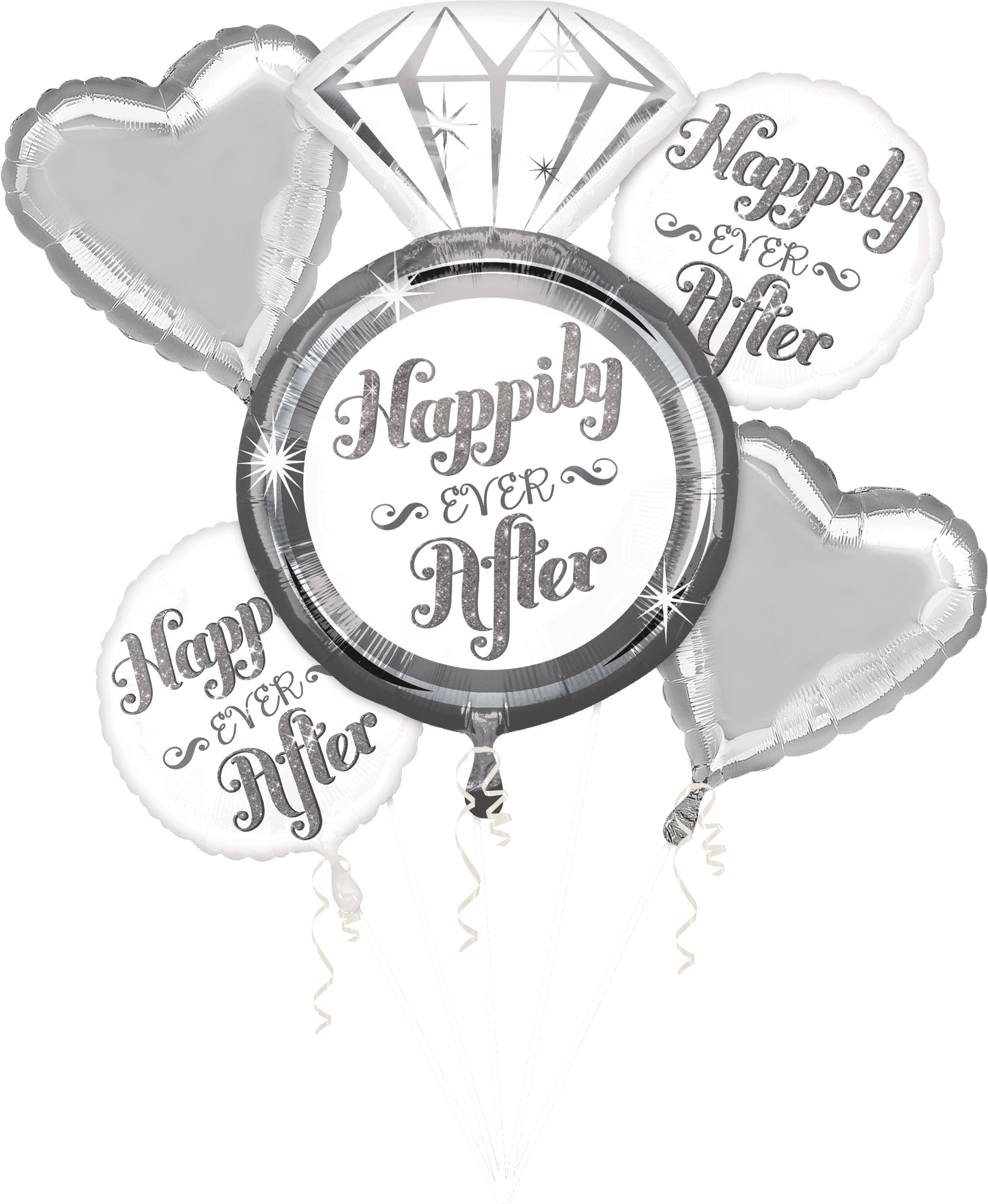 Happily Ever After Wedding Foil Balloon Bouquet, Helium Inflation Included, 5-pc Front_Flat