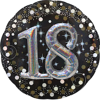 Sparkling Celebration "18" 3D Round Satin Foil Balloon, Black/Gold, Polka Dot, 32-in, Helium Inflation & Ribbon Included for Birthday Party