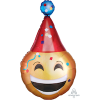 Party Hat Smiley Face Satin Foil Balloon, Yellow/Red, 39-in, Helium Inflation & Ribbon Included for Birthday Party