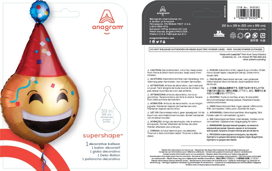 Party Hat Smiley Face Satin Foil Balloon, Yellow/Red, 39-in, Helium Inflation & Ribbon Included for Birthday Party Composite_or_Mixed