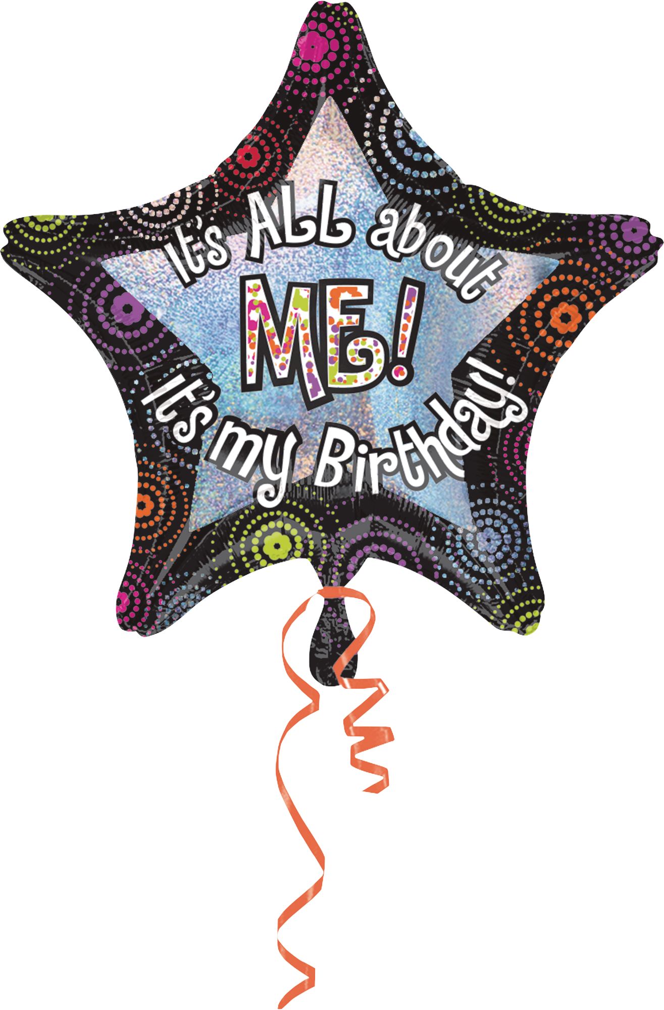 Ballon en aluminium satiné étoile It's All About Me! It's My Birthday, multicolore, 28 po, gonflement à l'hélium et ruban inclus, pour fête d'anniversaire Front_Flat