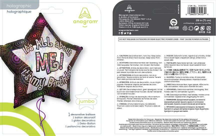Ballon en aluminium satiné étoile It's All About Me! It's My Birthday, multicolore, 28 po, gonflement à l'hélium et ruban inclus, pour fête d'anniversaire Composite_or_Mixed