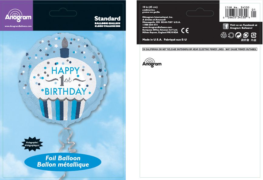 Ballon en aluminium satiné rond Happy 1st Birthday, bleu, petit gâteau, 18 po, gonflement à l'hélium et ruban inclus, pour fête d'anniversaire Composite_or_Mixed