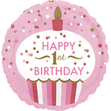 "Happy 1st Birthday" Round Satin Foil Balloon, Pink, Cupcake, 18-in, Helium Inflation & Ribbon Included for Birthday Party Front_Flat