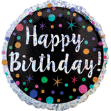 Ballon en aluminium satiné rond Happy Birthday, argent/noir, à pois, 17,5 po, gonflement à l'hélium et ruban inclus, pour fête d'anniversaire Front_Flat