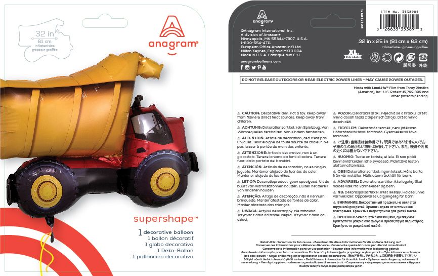 Ballon en aluminium satiné camion à benne de construction, rouge/jaune, 32 po, gonflement à l'hélium et ruban inclus, pour fête d'anniversaire Composite_or_Mixed