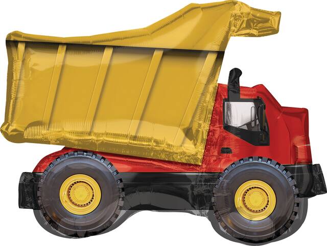 Construction Dump Truck Satin Foil Balloon, Red/Yellow, 32-in, Helium Inflation & Ribbon Included for Birthday Party Front_Flat