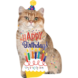 Ballon en aluminium satiné chat Happy Birthday, brun, 33 po, gonflement à l'hélium et ruban inclus, pour fête d'anniversaire Front_Flat