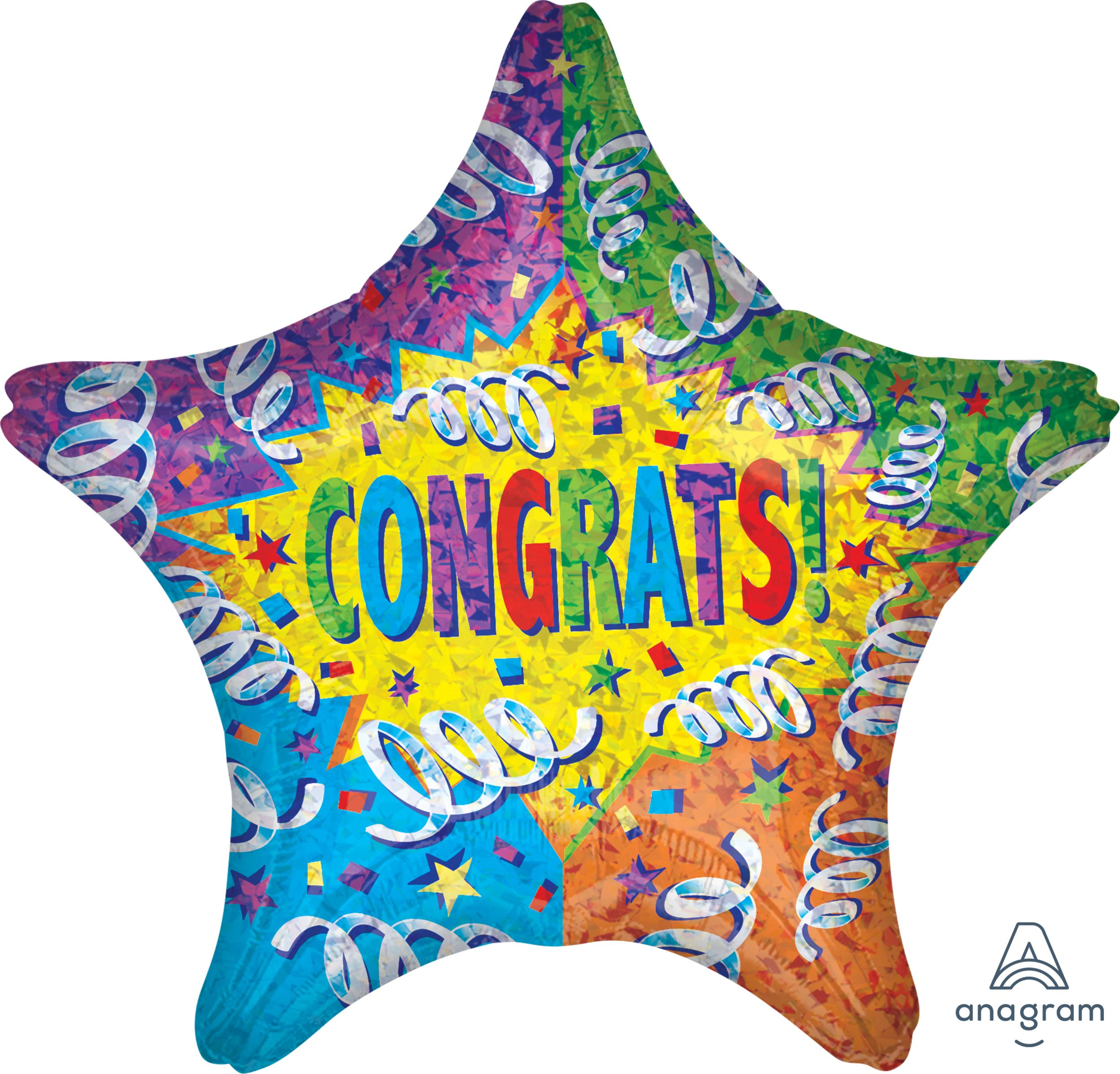 "Congrats" Star Satin Foil Balloon, Multi-Coloured, Confetti, 28-in, Helium Inflation & Ribbon Included for Graduation/Retirement Front_Flat