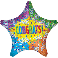 "Congrats" Star Satin Foil Balloon, Multi-Coloured, Confetti, 28-in, Helium Inflation & Ribbon Included for Graduation/Retirement Front_Flat